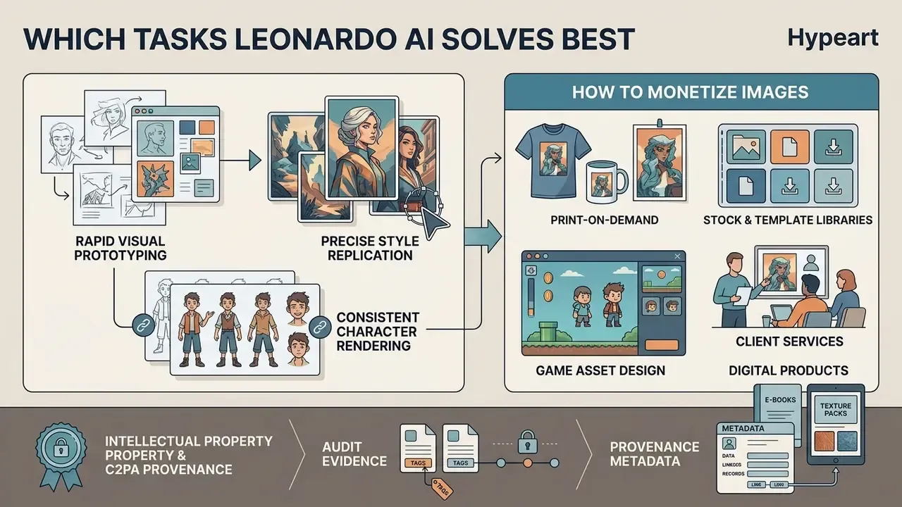 Visual summary of Leonardo AI creative tasks and methods for monetizing generated digital assets
