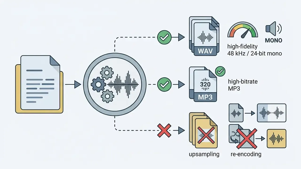 Document processing into audio formats showing preferred WAV and MP3 files versus rejected upsampling