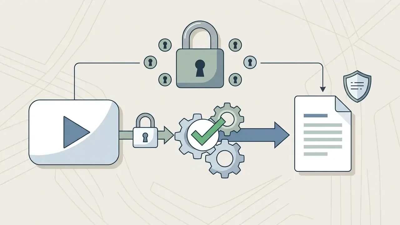 Video icon connecting to a document through a secure lock and gear mechanism with a central shield