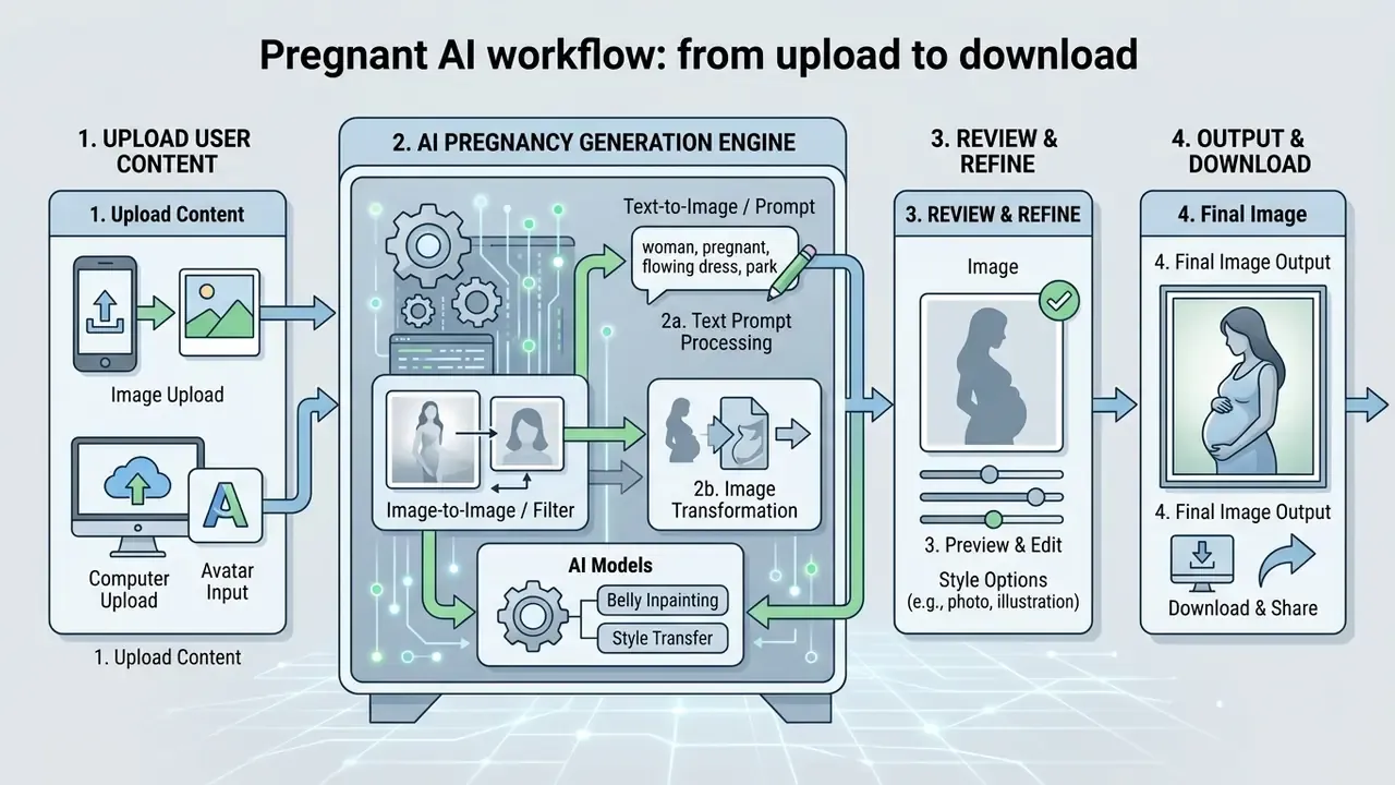 Flowchart showing the four steps of a pregnant AI generation process from initial upload to final download
