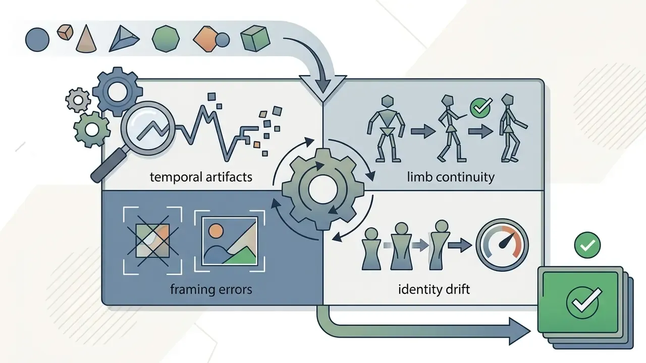 Four quadrant diagram showing the inspection of video artifacts, limb continuity, framing, and identity drift