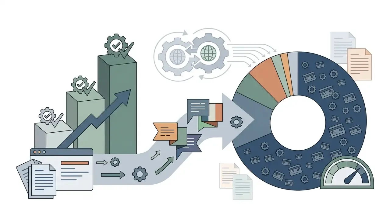 Bar chart and speech bubbles feeding into a circular process graphic with credit icons and a gauge