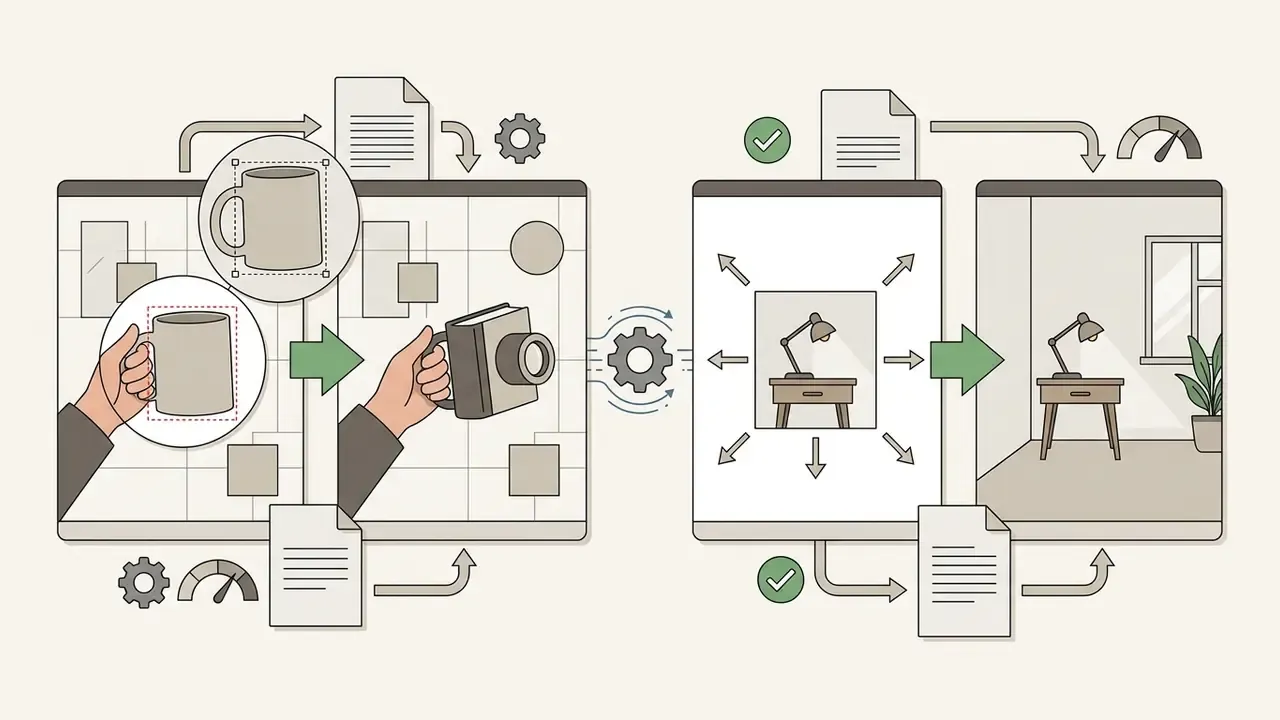 Hand swapping a mug for a camera and expanding a lamp scene connected by gears and document icons
