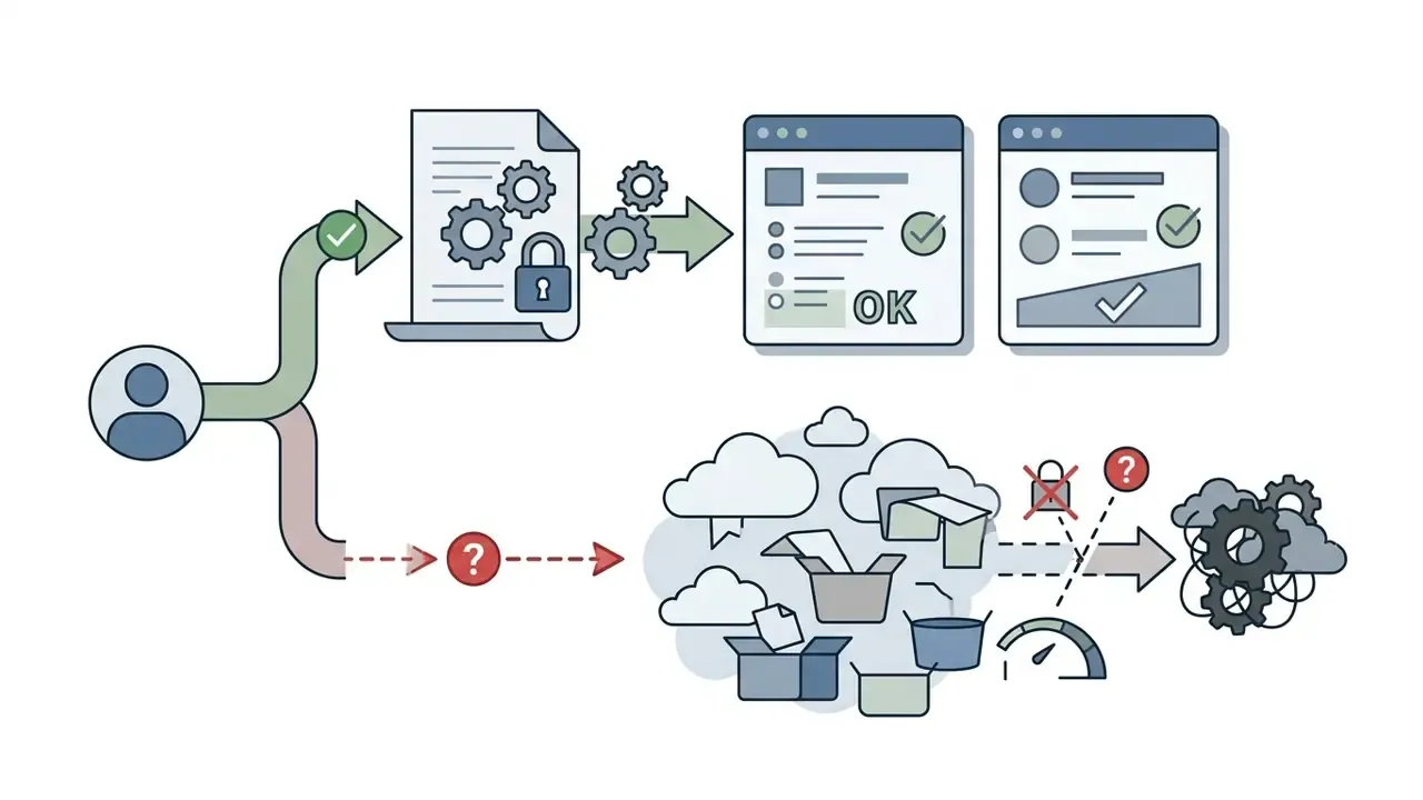 Flowchart comparing secure approved workflows with risky shadow cloud tool usage