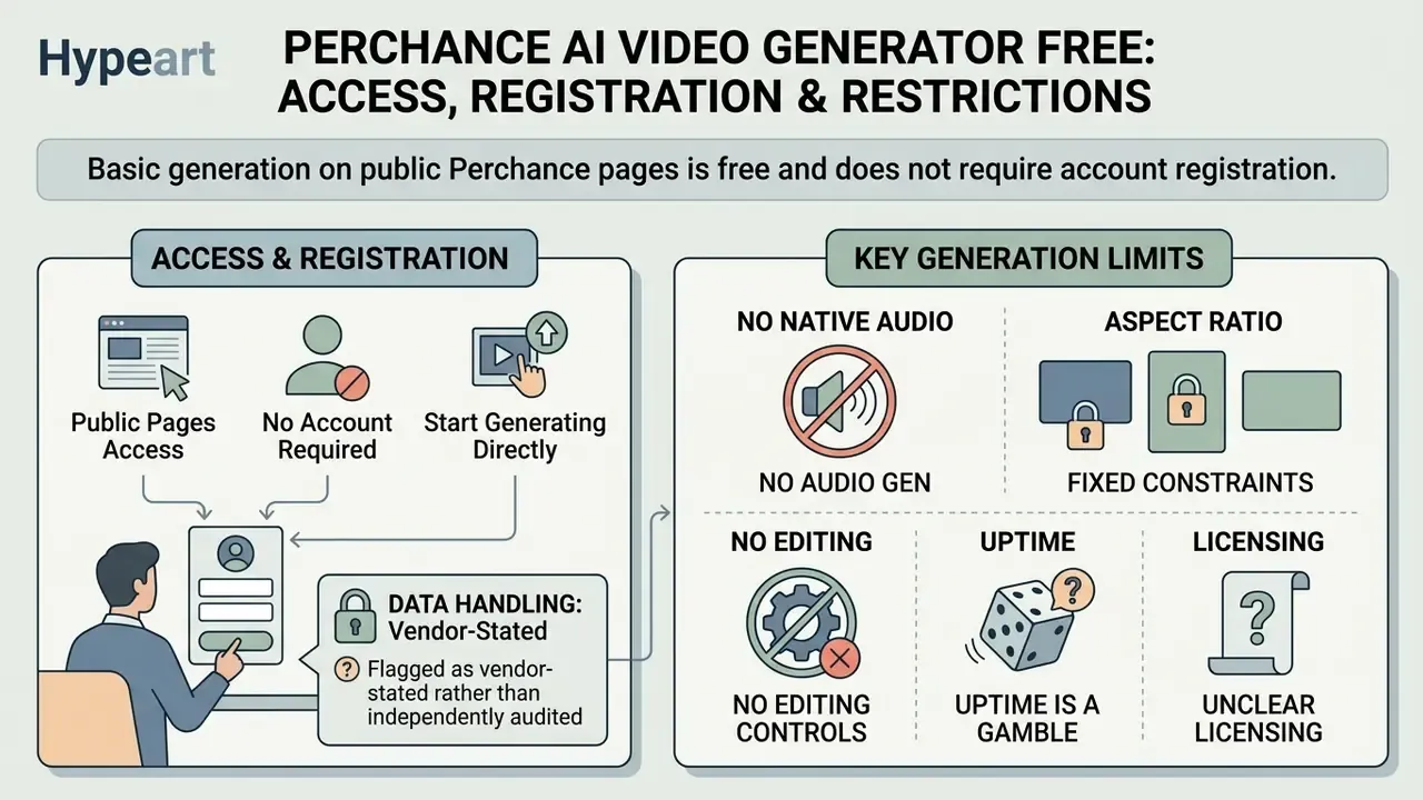 Infographic detailing free access, no registration requirements, and specific generation limits for Perchance AI