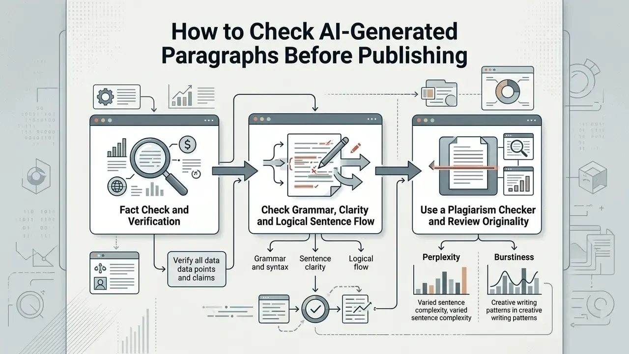 Three-step workflow for verifying text quality through fact checking, grammar editing, and plagiarism scans