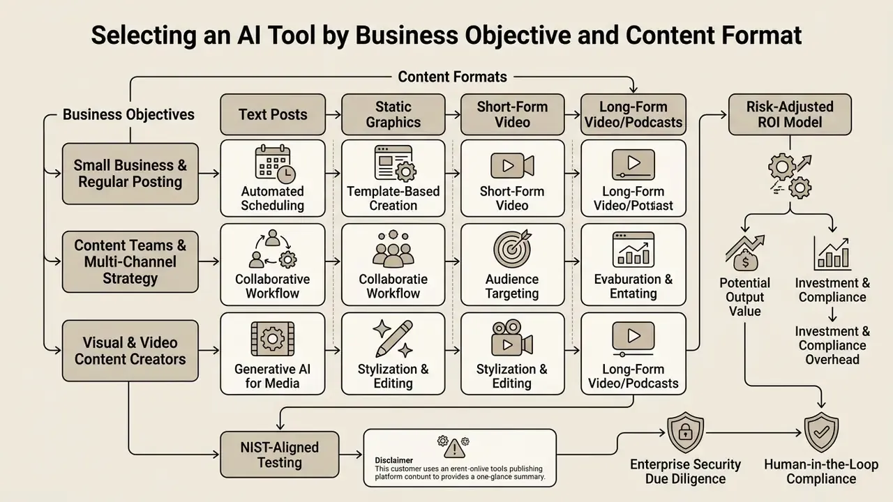 Matrix mapping business objectives to content formats and a risk-adjusted ROI model for software selection