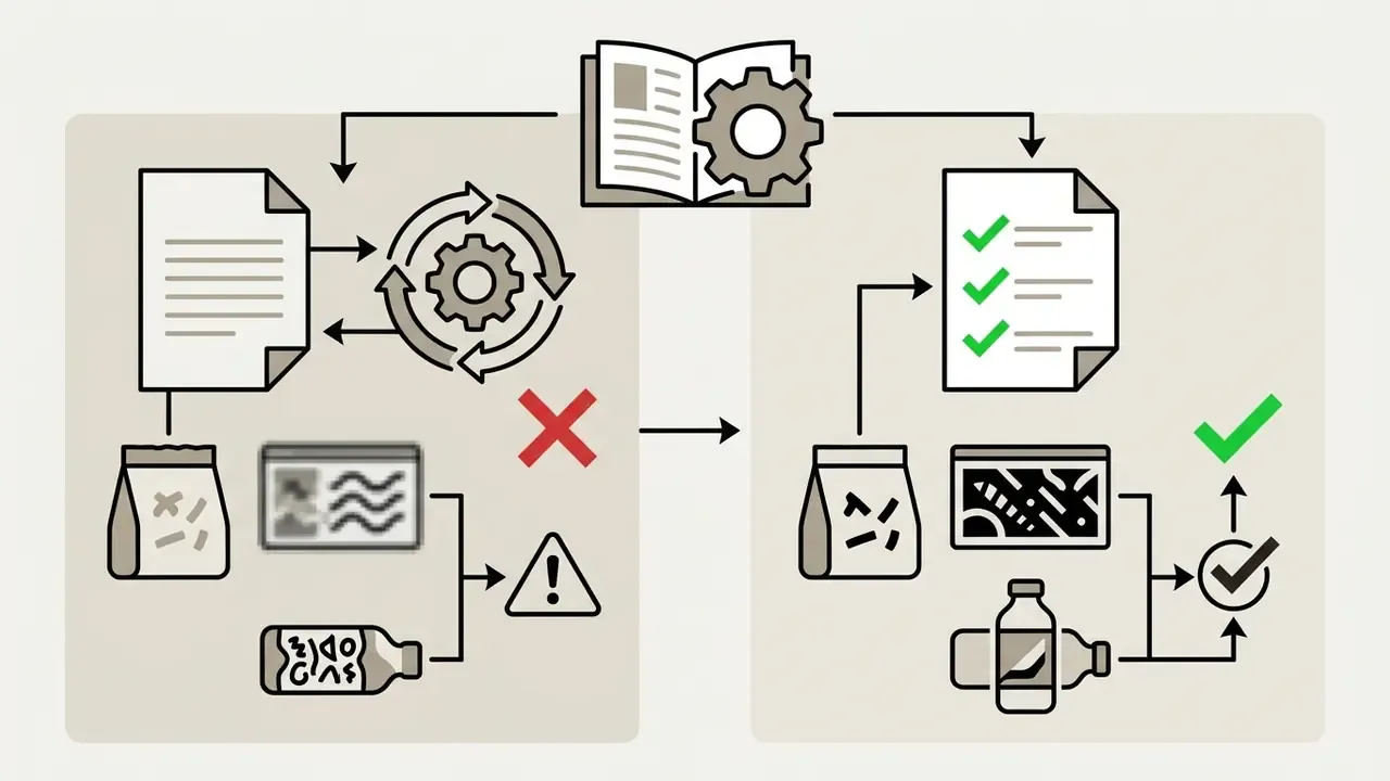 Two side-by-side workflows showing a document cycle leading to either a warning or a successful checklist