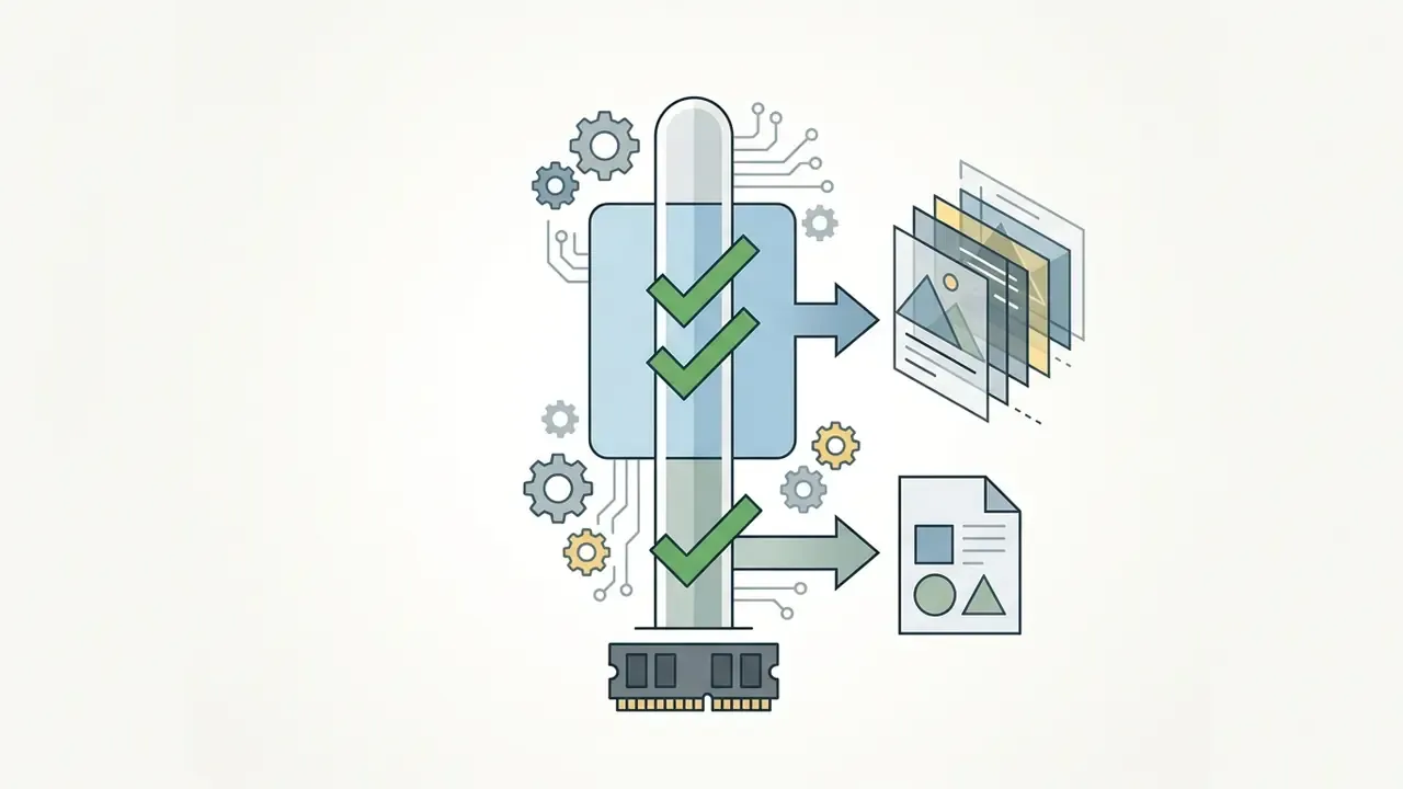 RAM stick with checkmarks leading to stacked image layers and a document icon representing memory usage