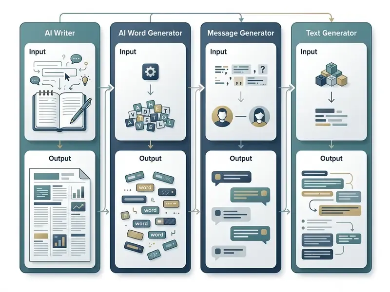 Comparison cards illustrating input types and output formats for four distinct AI generation tools