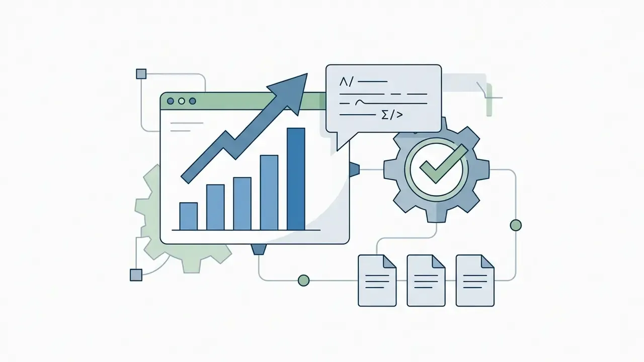 Bar chart with upward arrow connected to a gear mechanism and document icons representing data processing