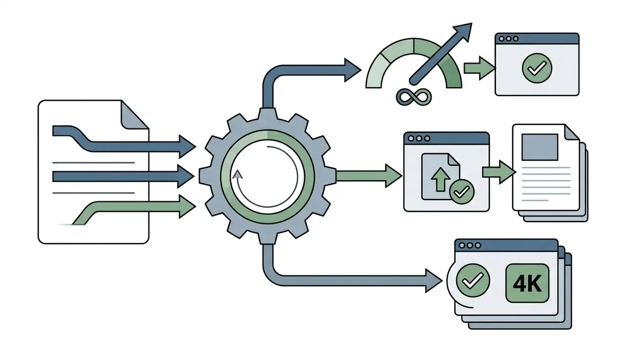 Document feeding into a central gear that branches into speed, upload, and 4K output windows