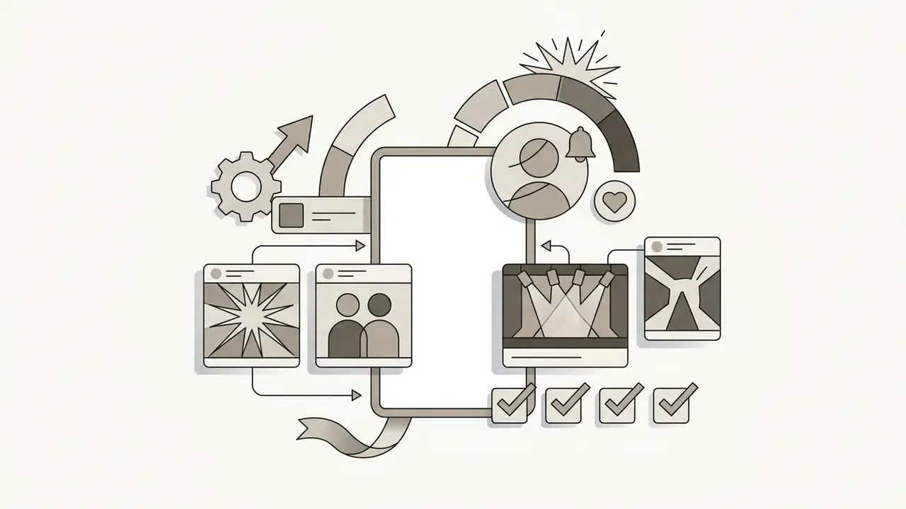Smartphone surrounded by social media post templates, concert stage graphics, and engagement icons