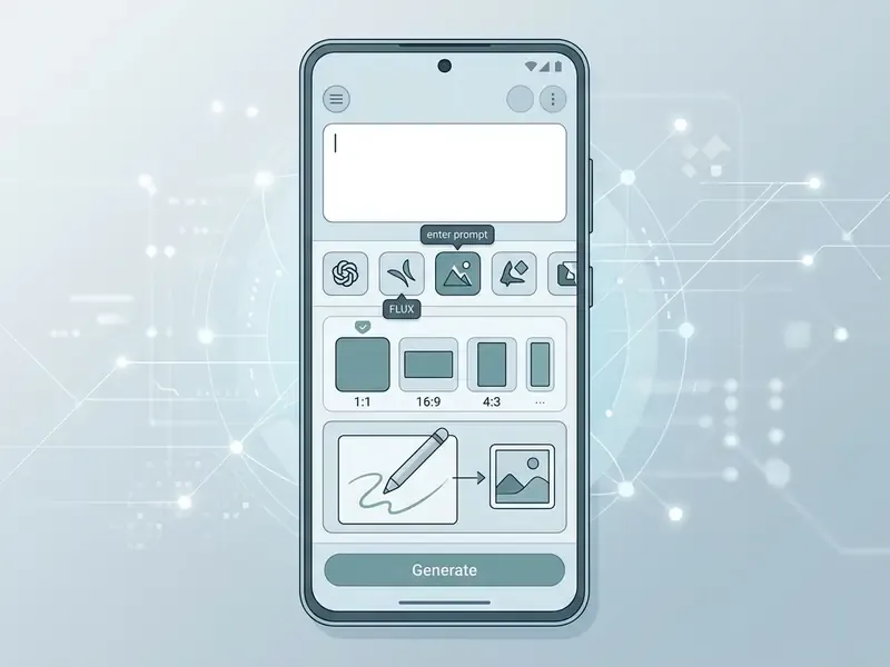 Android app interface with text prompt field, model selection icons, and aspect ratio settings
