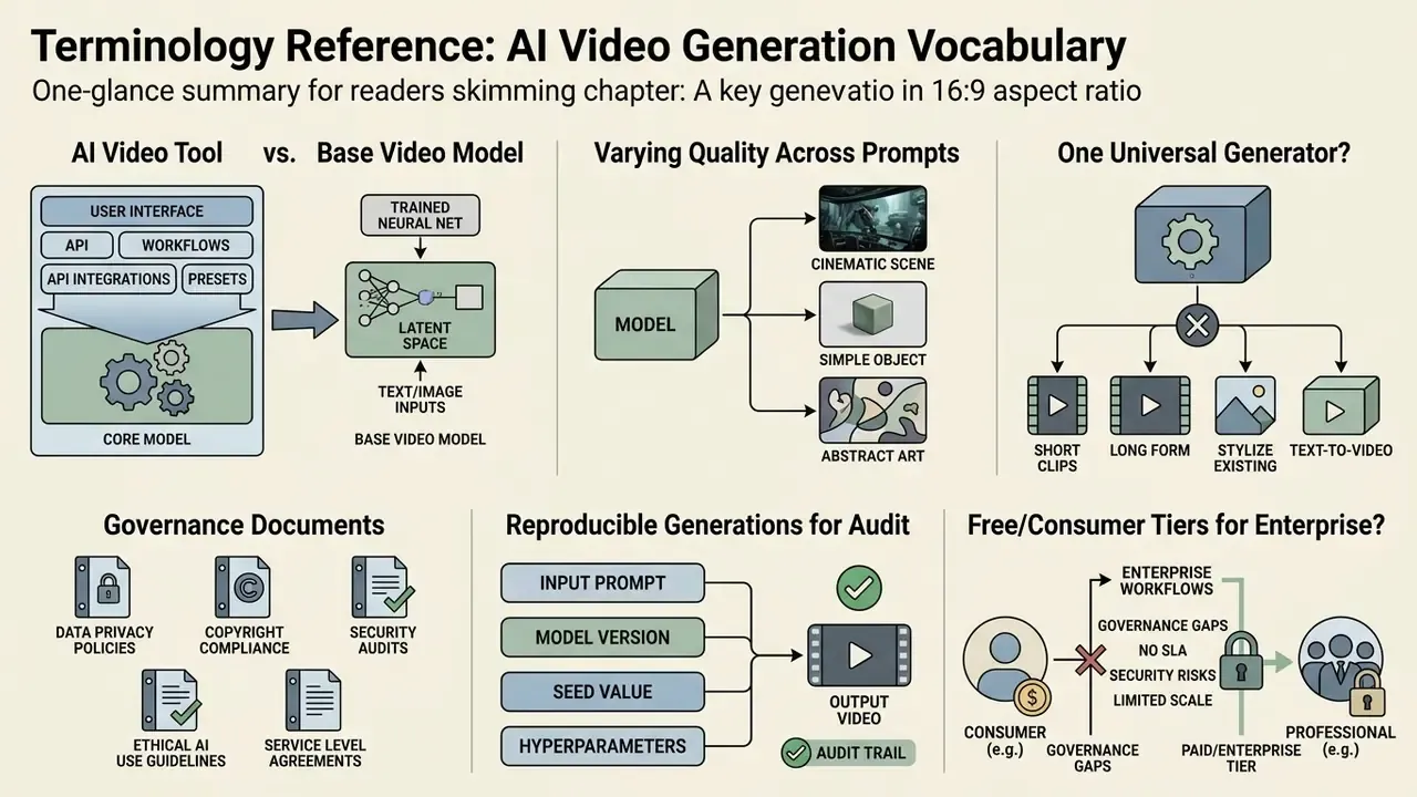 Structured infographic explaining AI video generation concepts through diagrams, icons, and process flows