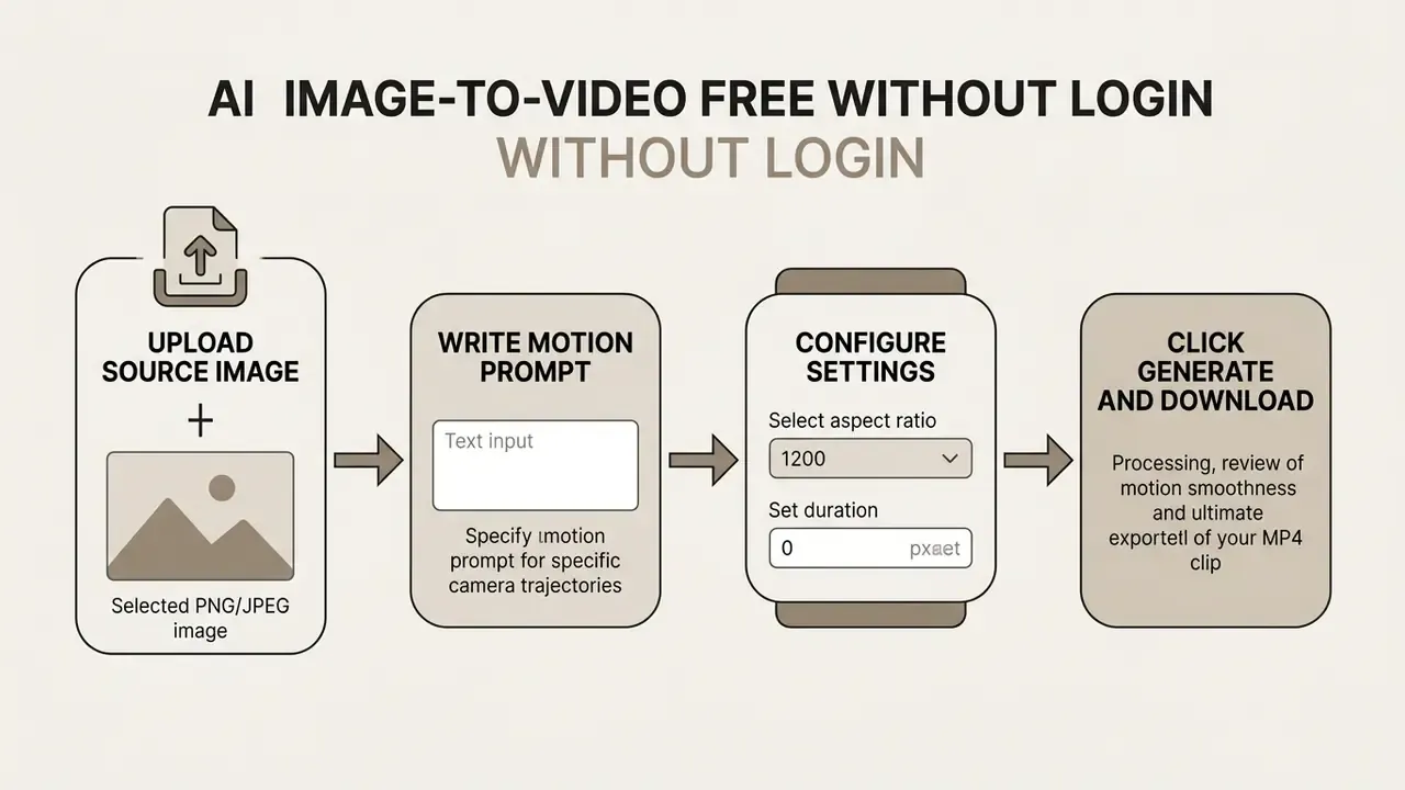 Four sequential steps for using a free AI video generator from uploading an image to downloading an MP4