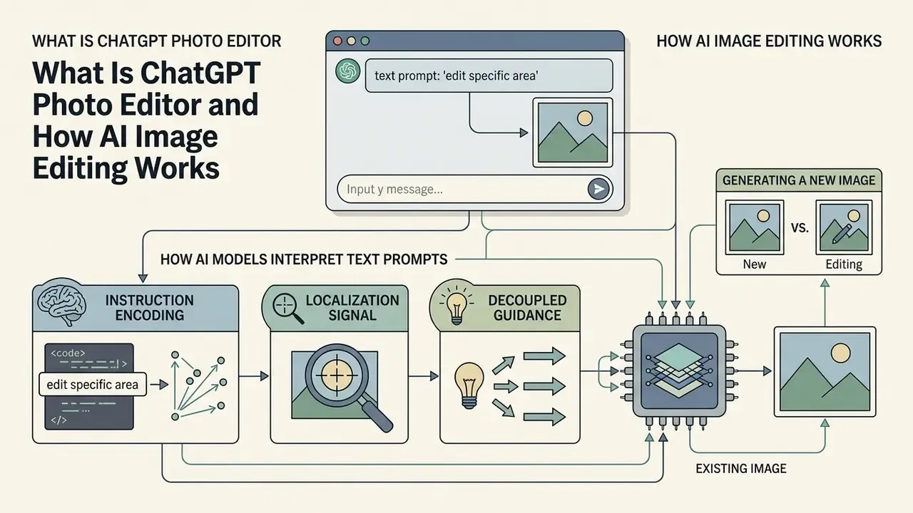 Flowchart detailing how ChatGPT processes text prompts to edit images through instruction and guidance