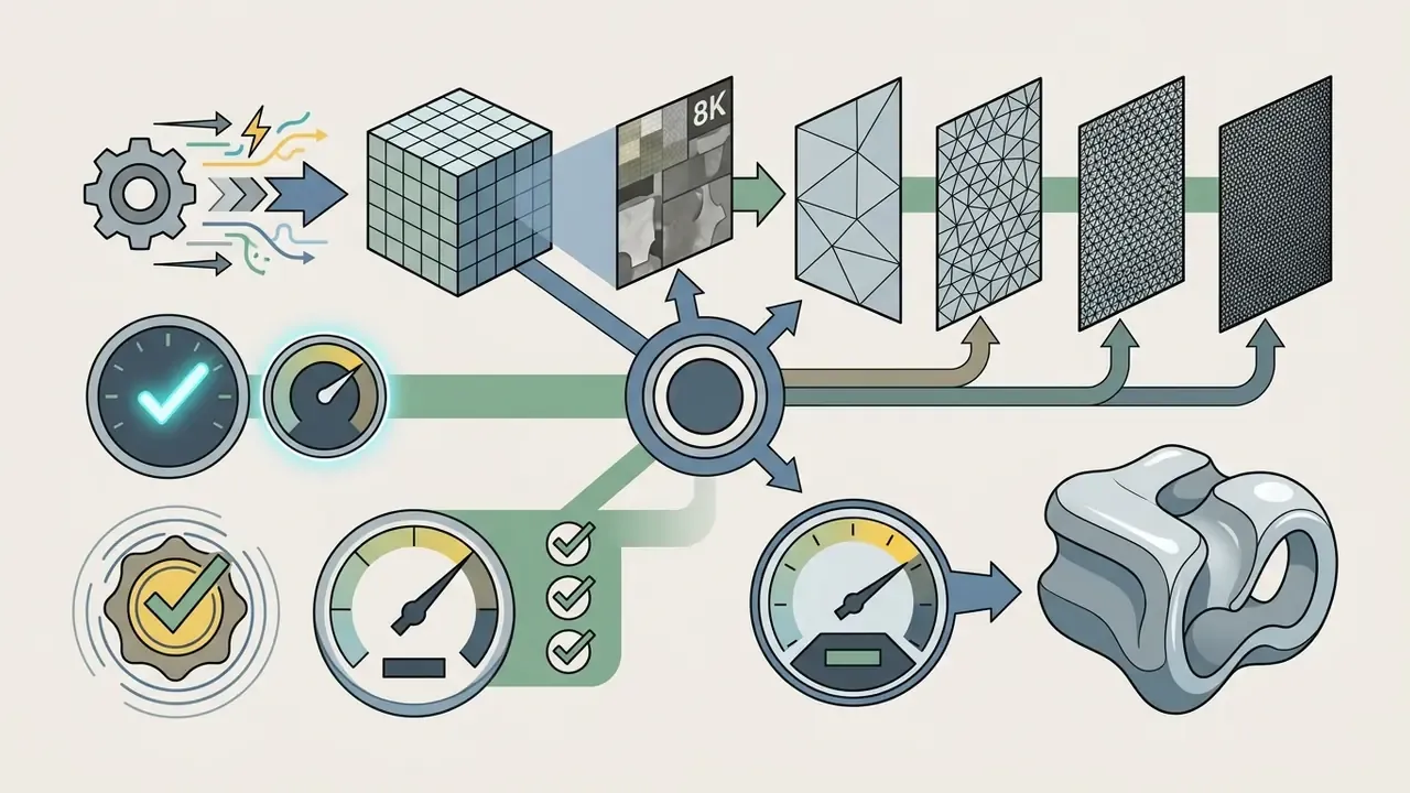 Technical visualization of volumetric grid processing, texture mapping, and mesh density tiers with performance gauges