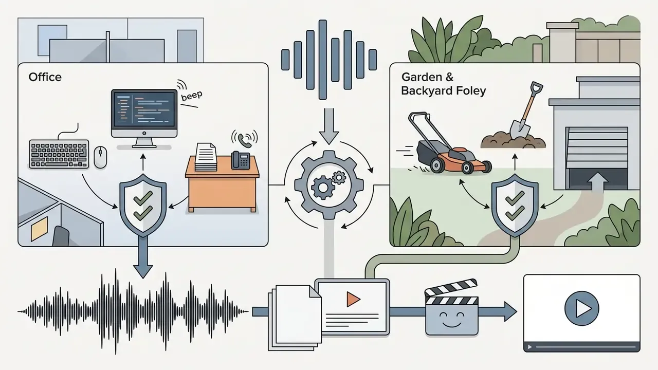 Icons of office and garden sound sources feeding into a central gear process for video production