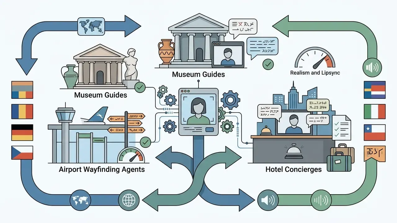 Multilingual AI avatars serving as museum guides, airport wayfinding agents, and hotel concierges