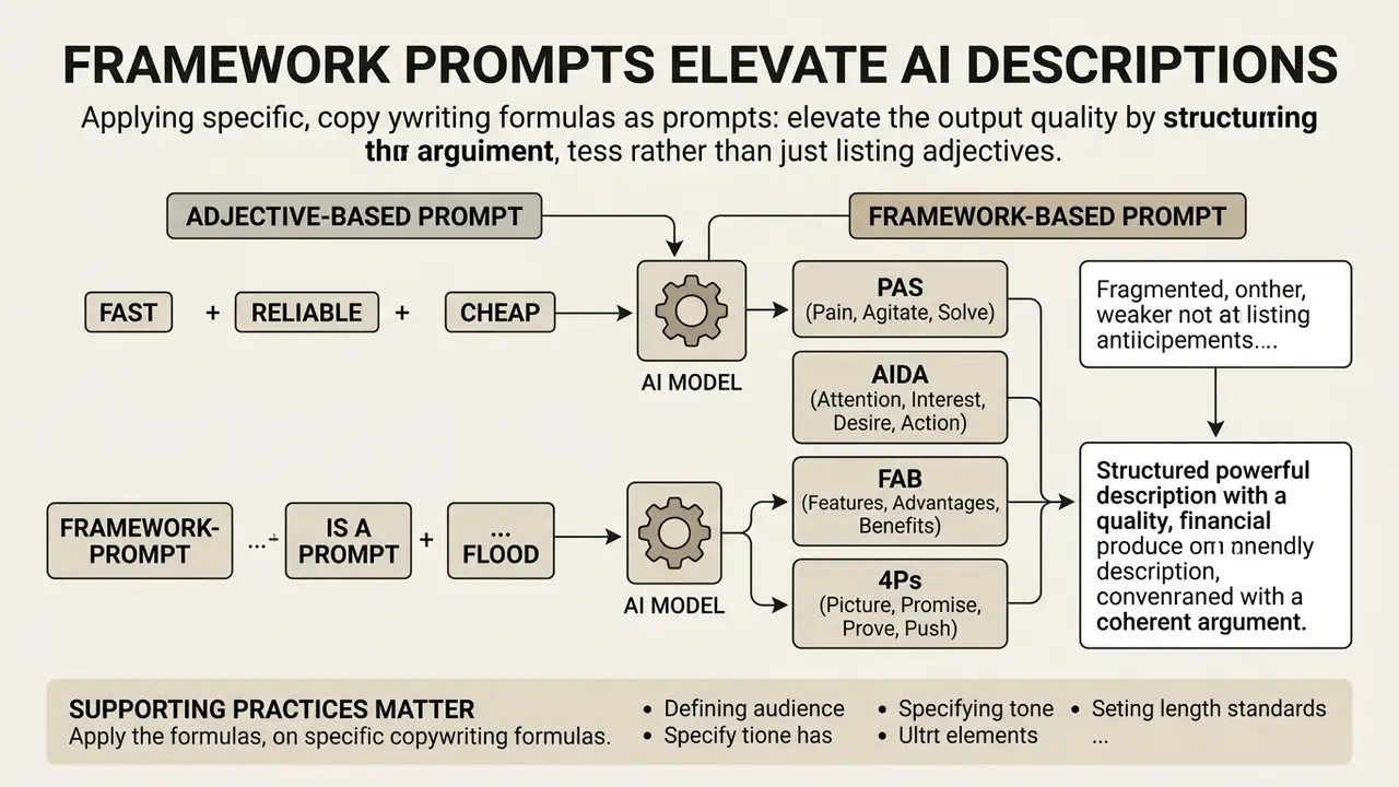 Comparison diagram showing how copywriting frameworks produce more structured results than adjective lists