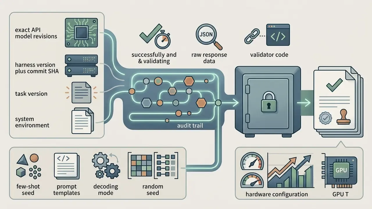 Data pathways connecting benchmark configuration inputs to an audit trail vault and finalized report