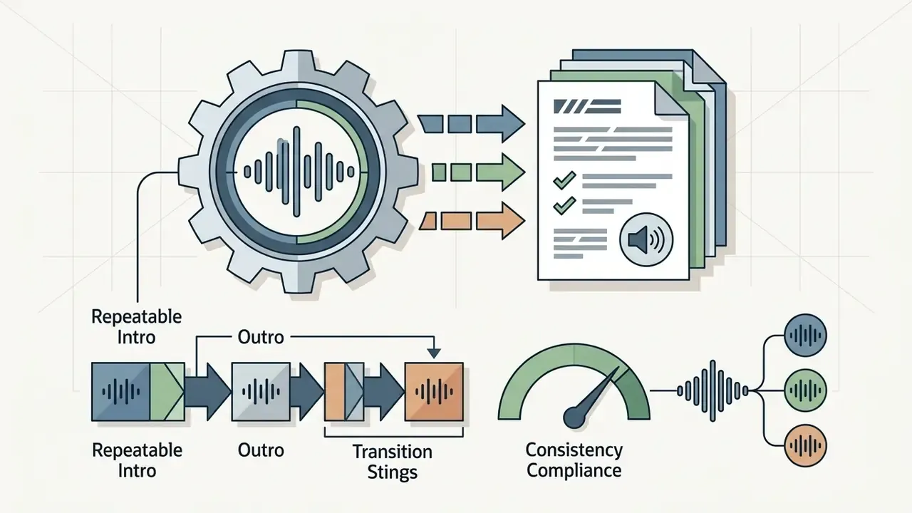 Gear mechanism processing audio into branded documents with a consistency gauge and output variations