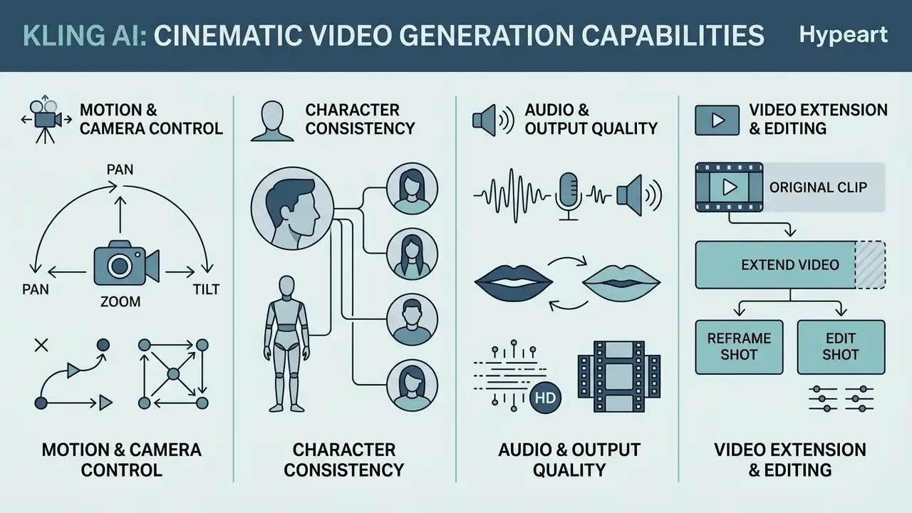 Four-column infographic detailing Kling AI video generator features like camera control and lip syncing