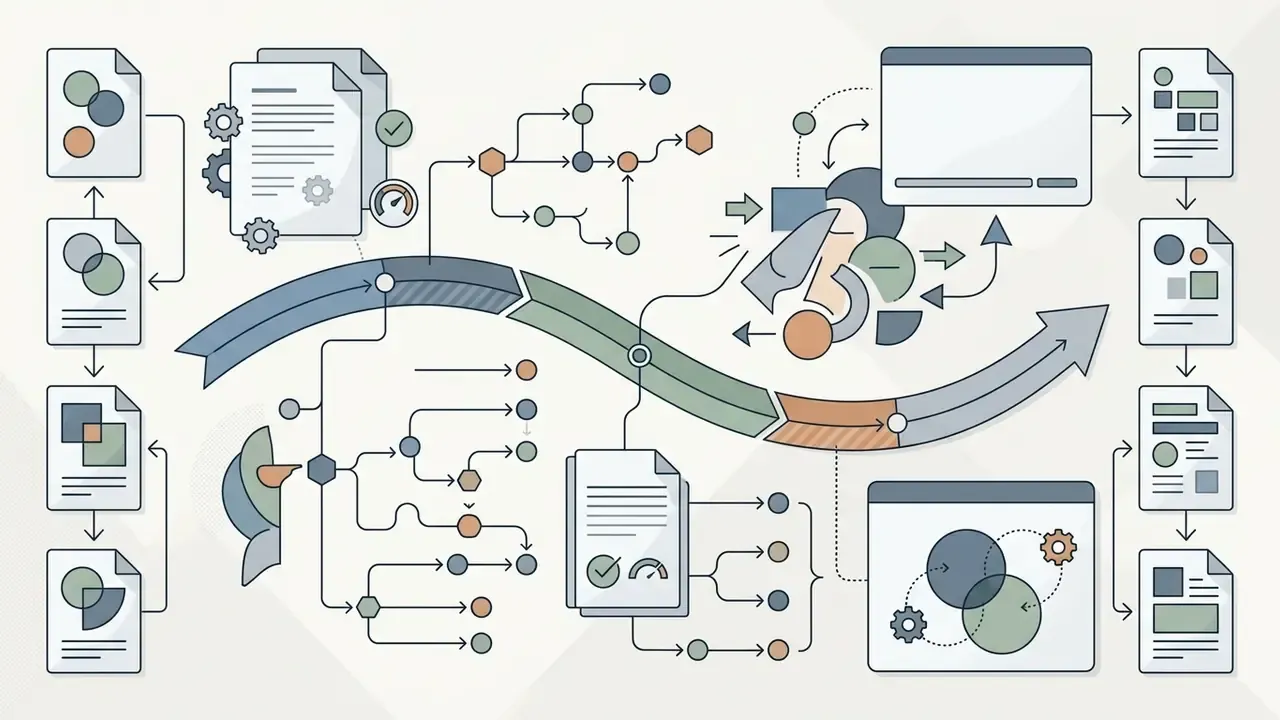 Branching flowcharts connecting document icons and abstract character shapes along a central wavy arrow