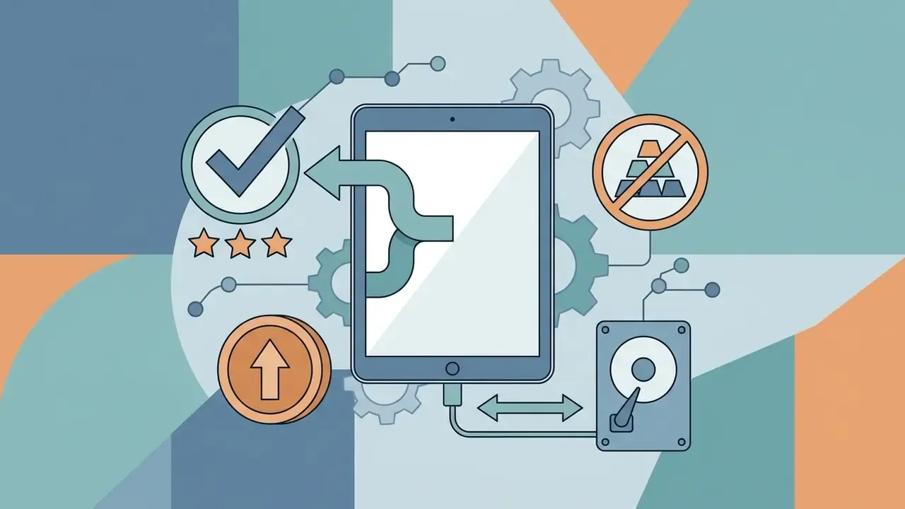 Tablet connected to an external drive with icons for a checkmark, stars, and no subscription fees