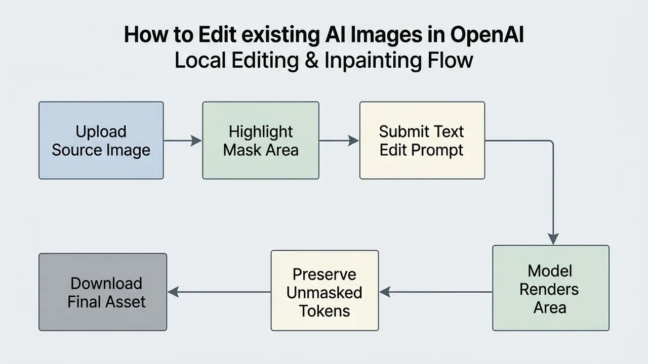 Flowchart illustrating the sequential process of uploading, masking, prompting, and rendering AI images