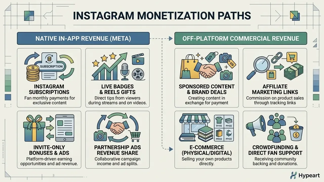 Diagram comparing native in-app revenue streams with off-platform commercial monetization options