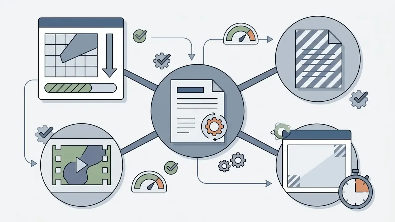 Central document icon connected to four circular nodes representing video processing and export limitations