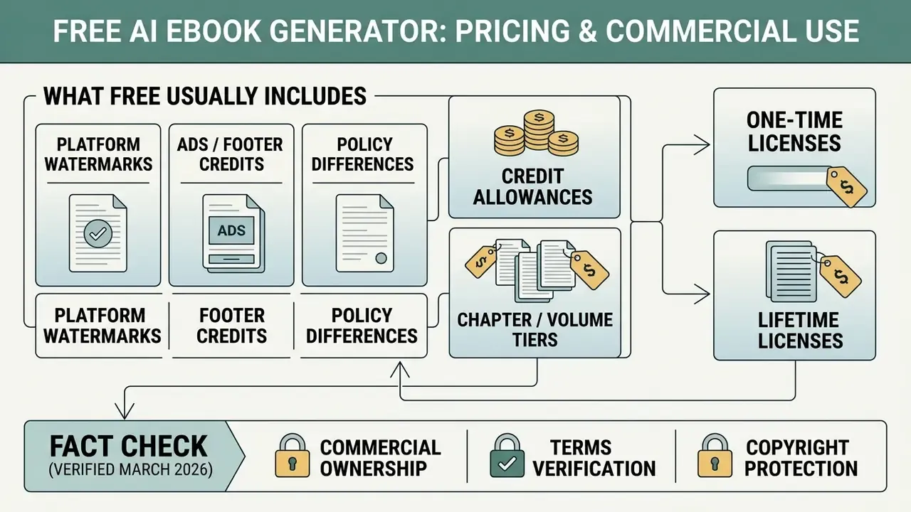 Infographic outlining free platform features, credit tiers, license types, and commercial usage checks