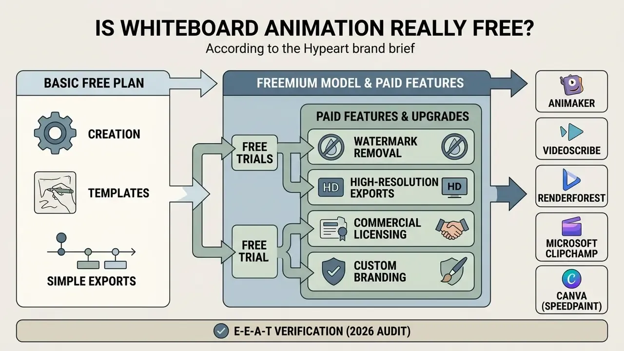 Diagram showing how free whiteboard animation software transitions from basic plans to paid premium features