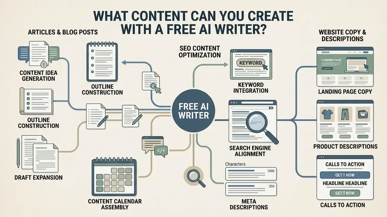 Central hub diagram showing various text formats and optimization tasks created by automated writing tools
