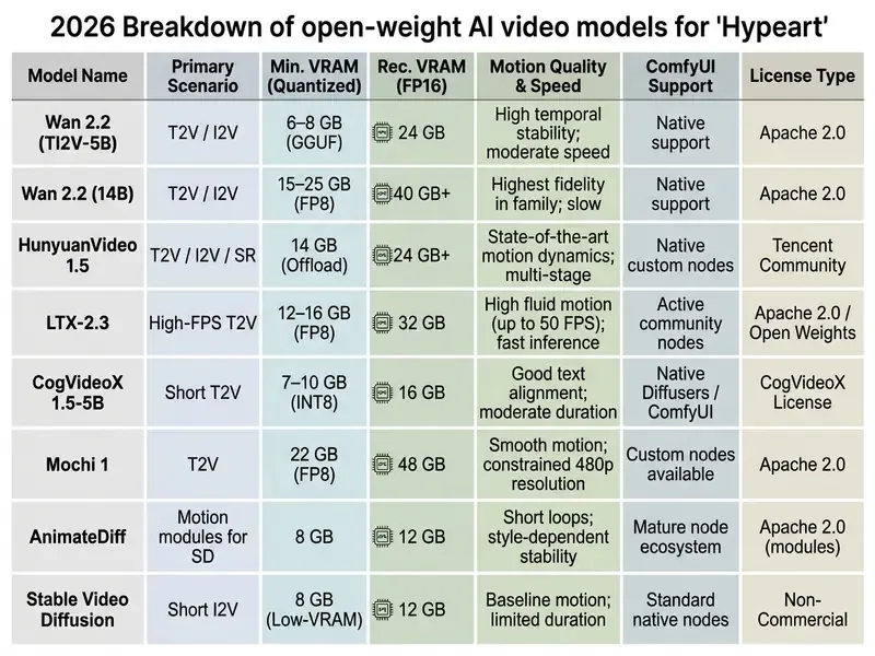 Table listing technical specifications and hardware requirements for various open-weight video models