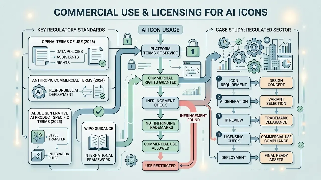Flowchart outlining legal frameworks, usage rights, and a multi-step compliance process for visual assets