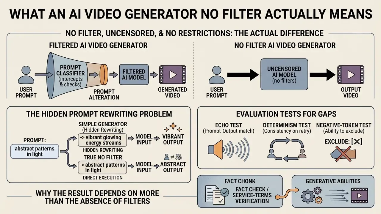 Infographic comparing filtered and unfiltered AI video generators through process flows and evaluation tests