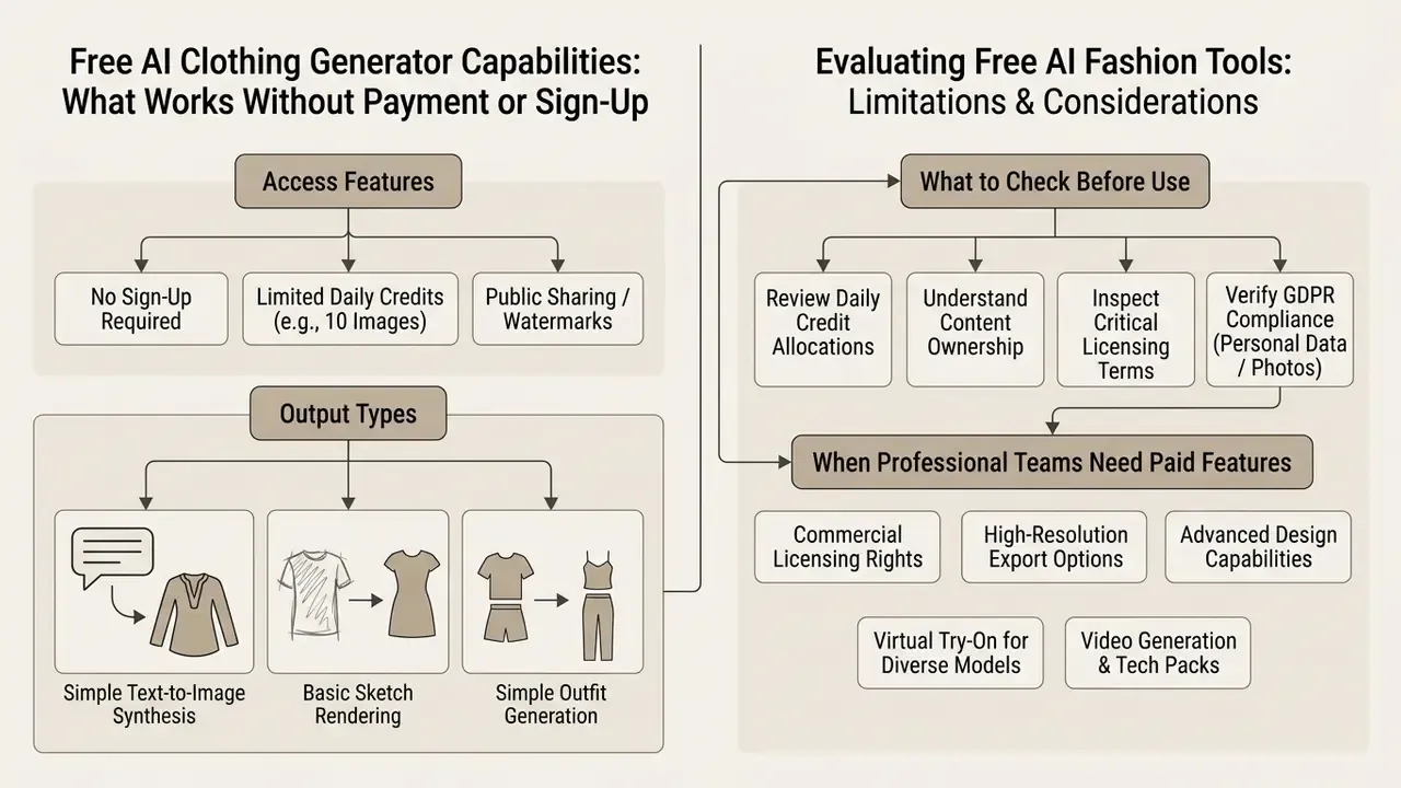 Comparison infographic detailing features, output types, and evaluation criteria for AI clothing tools