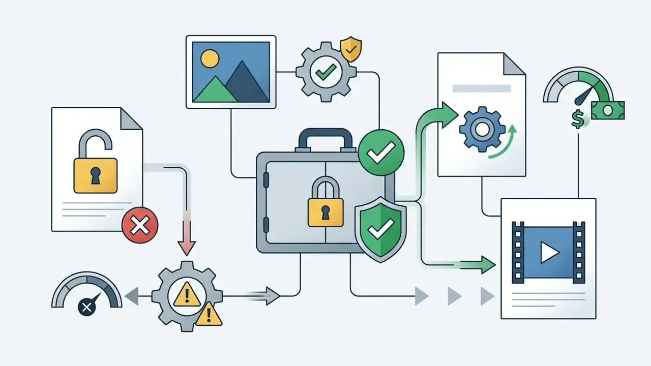 System of icons showing document verification and secure vault storage for image to video AI workflows
