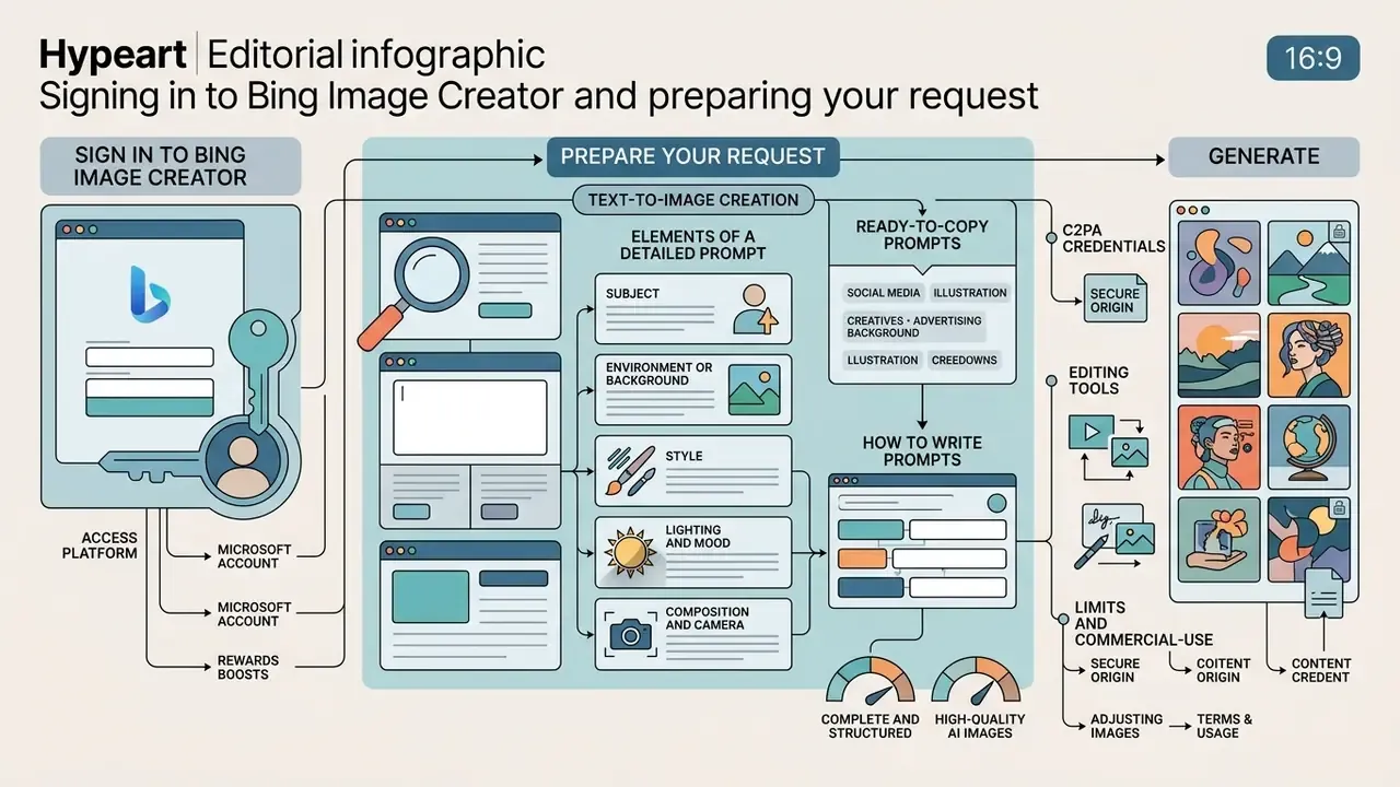 Flowchart detailing the process of signing in and structuring text prompts to generate AI images