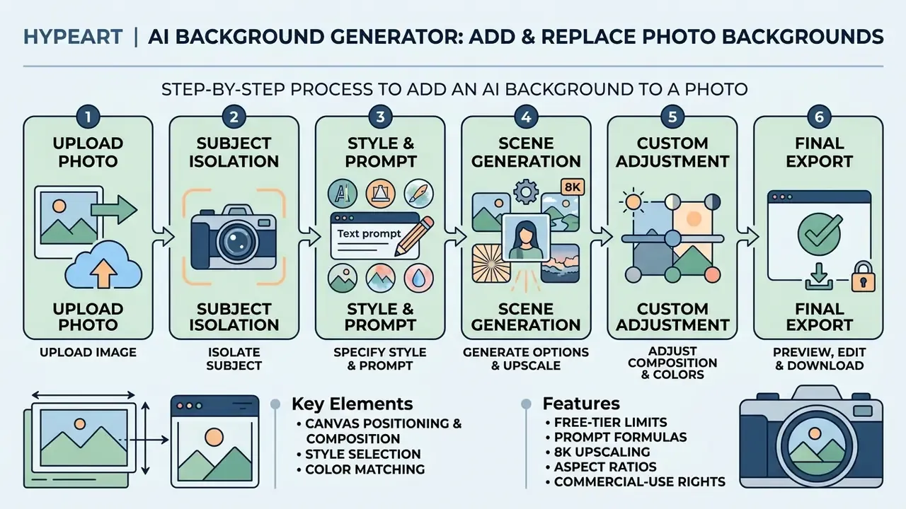 Six sequential steps for using an AI background generator to upload, isolate, and create new imagery