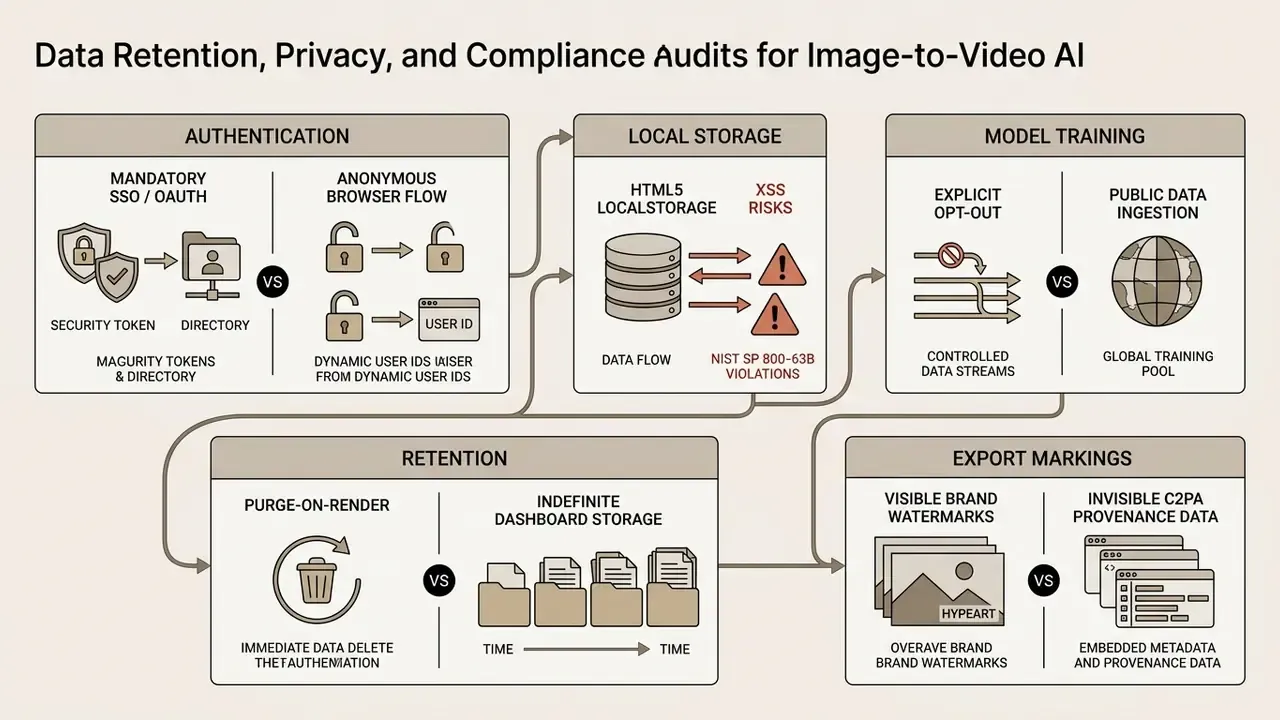 Diagram comparing authentication, storage, training, retention, and export methods for image to video AI
