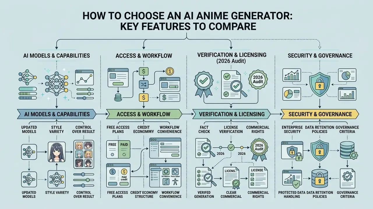 Diagram detailing criteria for selecting an anime AI art generator including model, access, and security