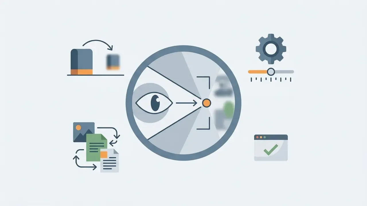 Central eye icon inside a viewfinder surrounded by icons for depth, file processing, and settings