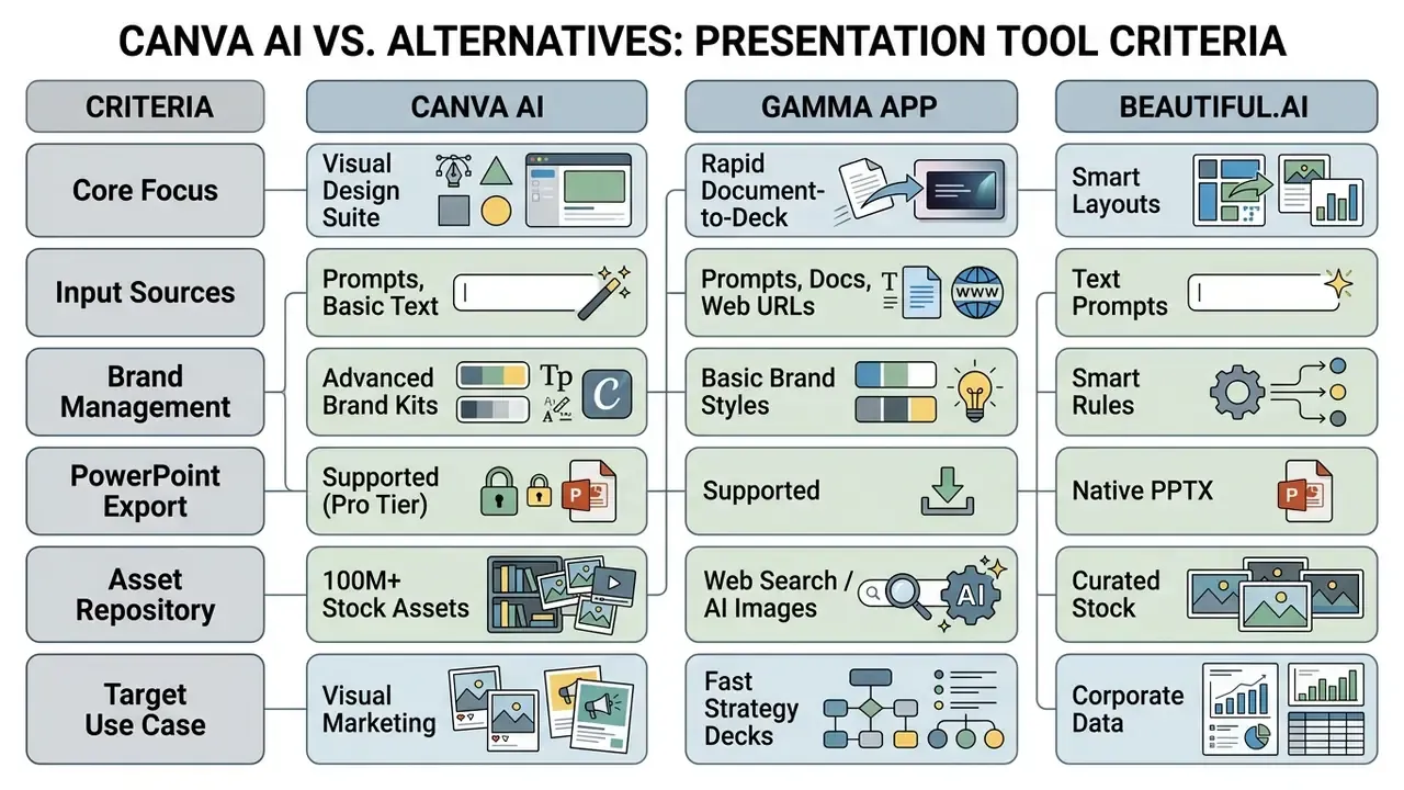 Matrix comparing core features and capabilities of Canva AI, Gamma App, and Beautiful.ai tools