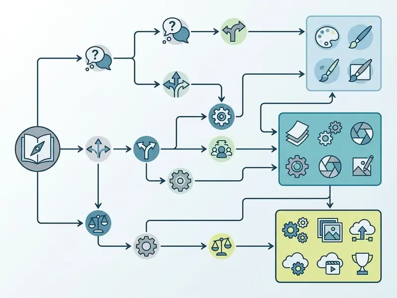 Decision tree diagram using icons to guide users toward three distinct subscription plan categories
