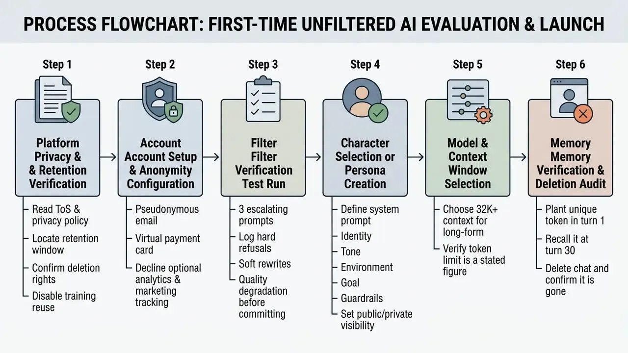 Six sequential steps for evaluating and launching unrestricted AI services including privacy and testing