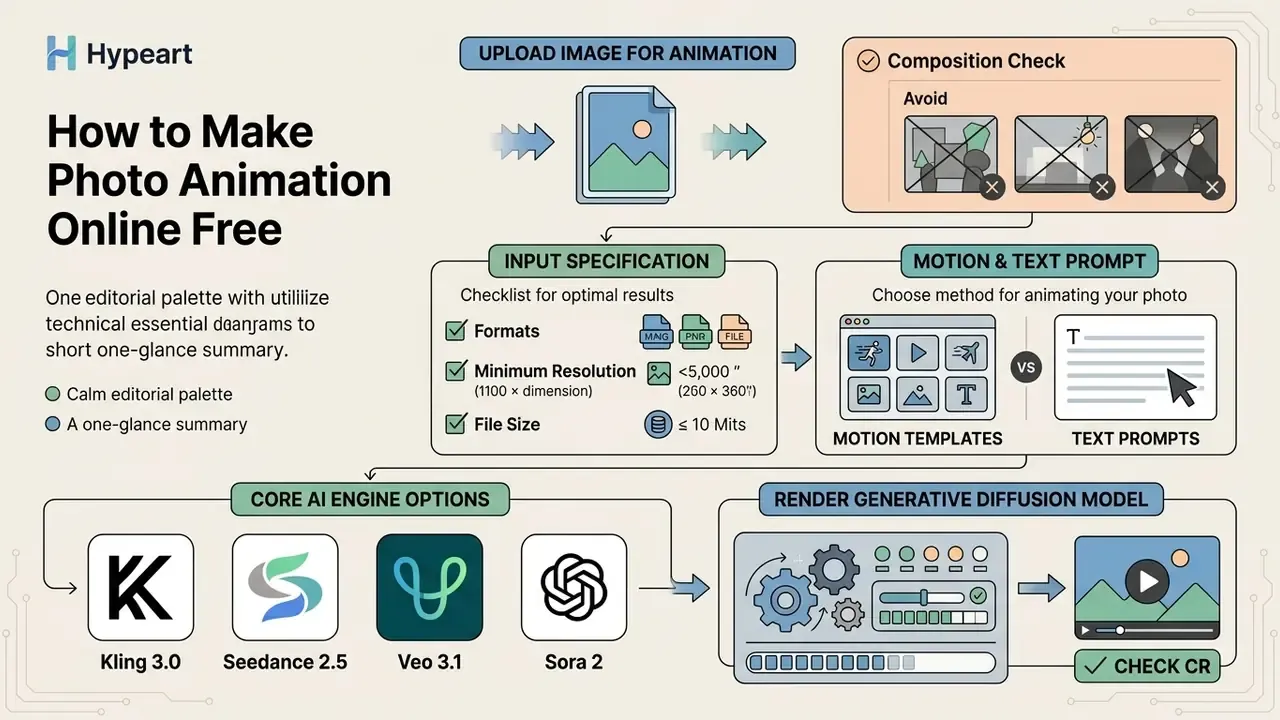 Flowchart outlining the steps to make photo animation online free using AI engines and motion templates
